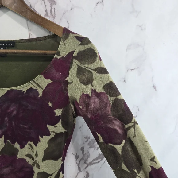 Vintage 90s Y2K Shirt Women Small Green Mesh Lettuce Hem Sheer Floral Rose - Picture 12 of 13